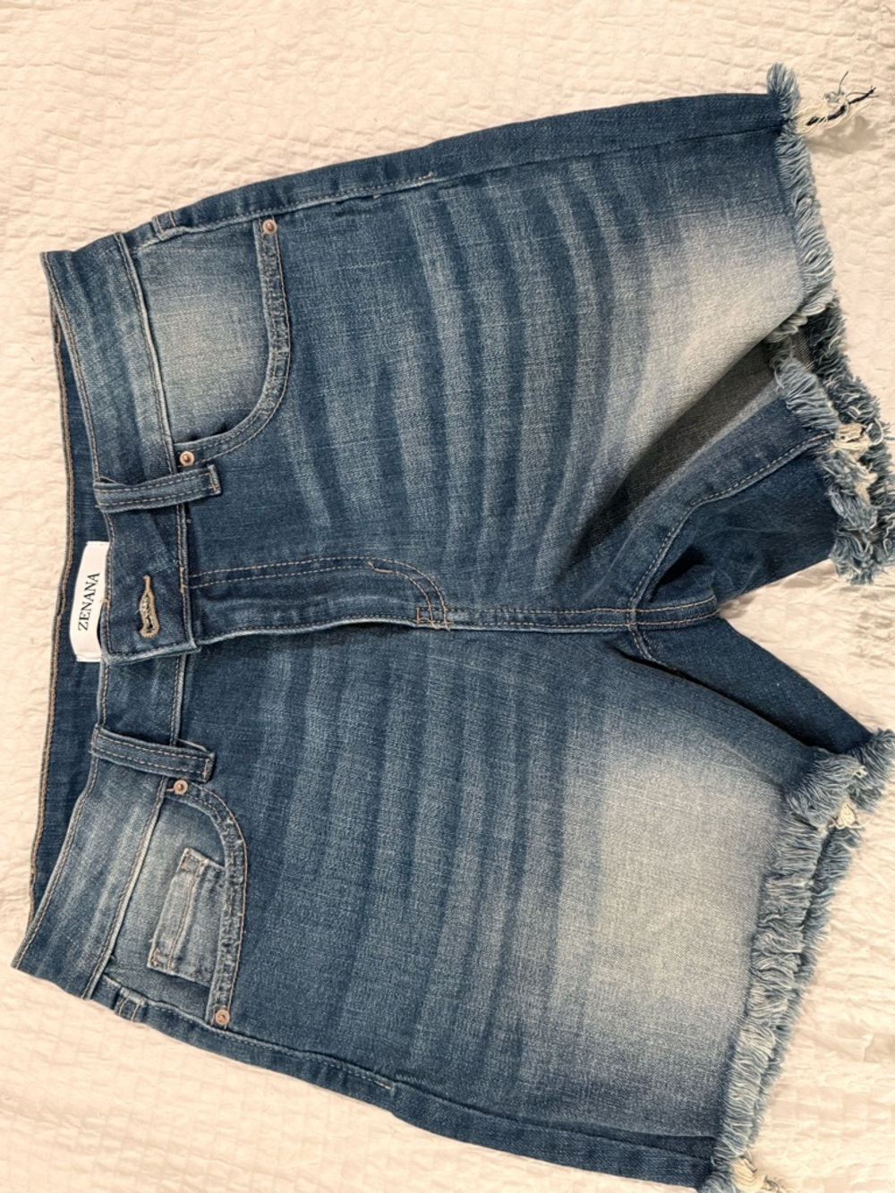 Zenana Outfitters Blue Washed Frayed Hem Denim Shorts
